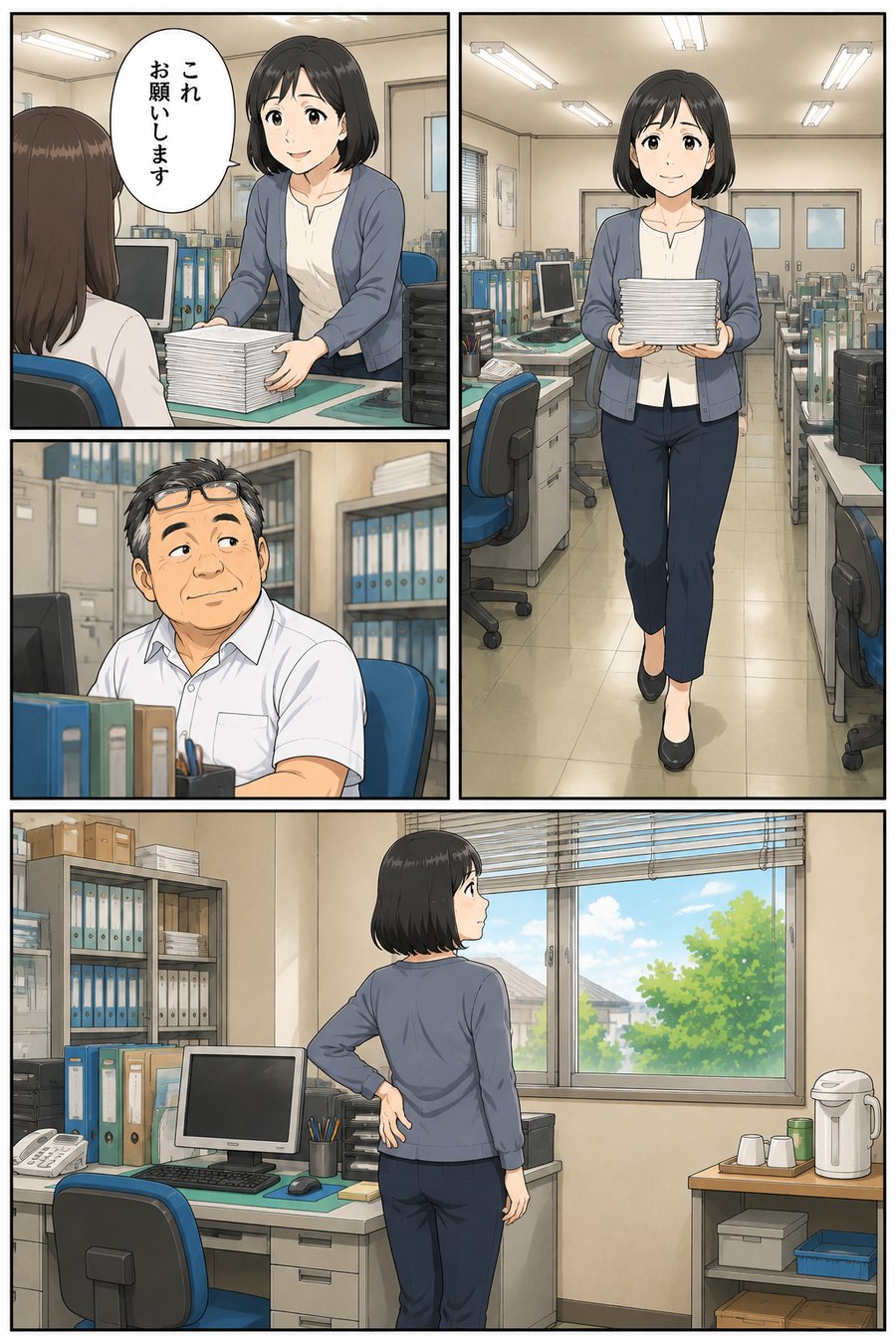 第5話マンガシーン：資料を持って歩いて届ける真由美